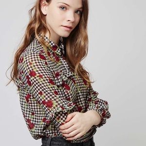 TOPSHOP Ruffled Gingham Top With Rose Pattern